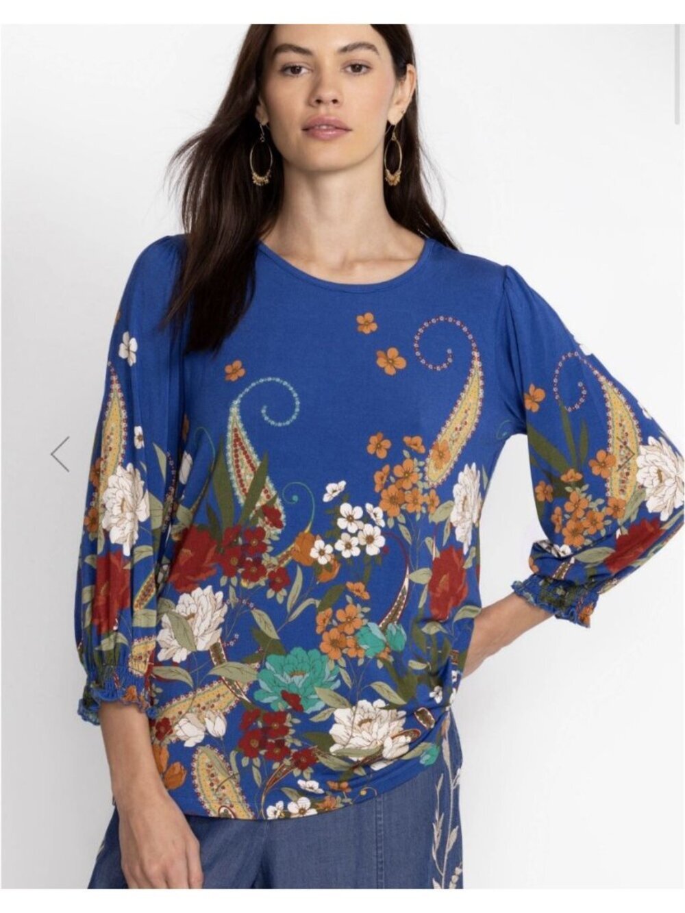 Johnny Was Women’s Multicolor Floral Tee Bee Smocked 3/4 Sleeve Tee Sz Large